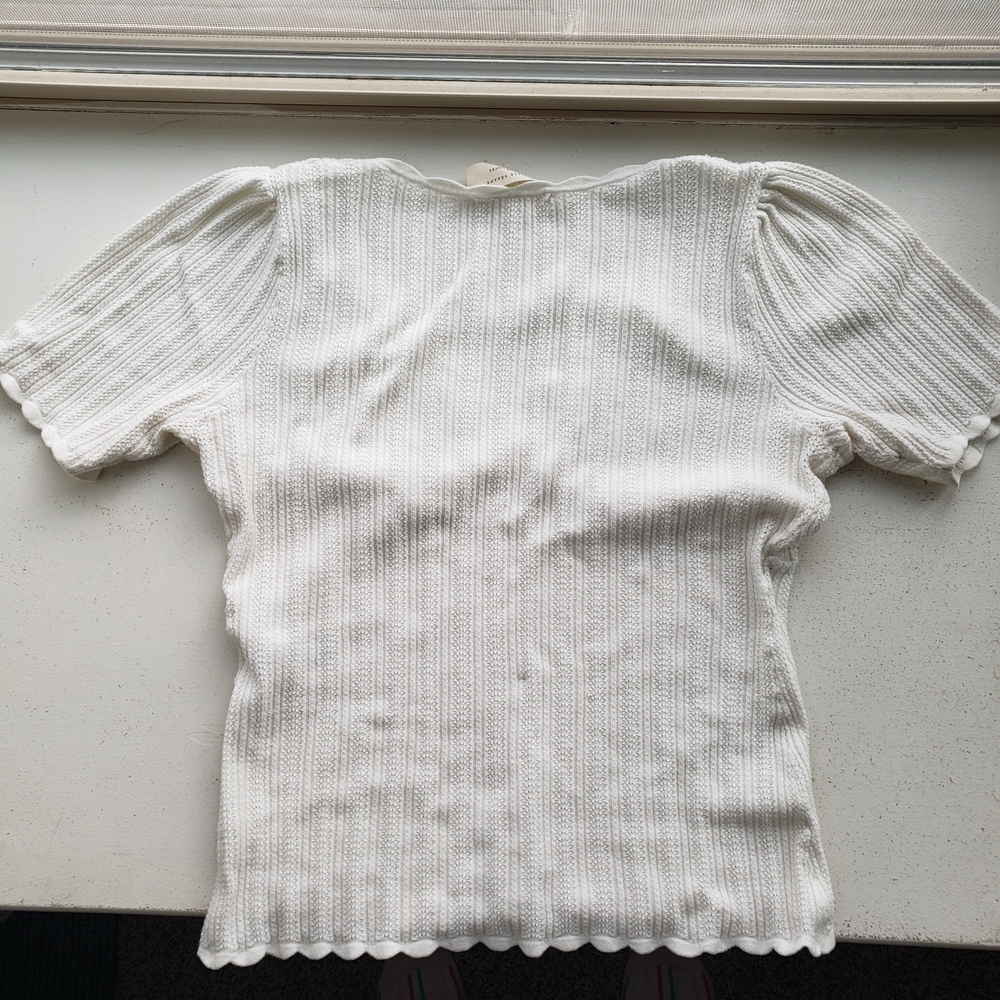 Sezane Cloe Jumper Medium Women's White Ribbed V Neck Top Blouse Shirt #20 - Picture 6 of 13